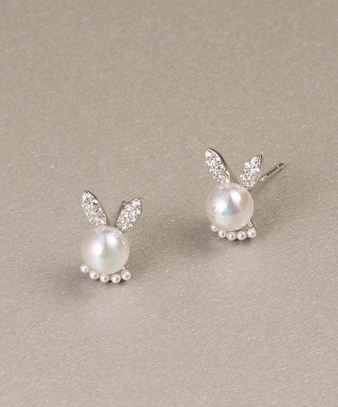 Simple White Rabbit Zircon and Pearl Stud Earrings