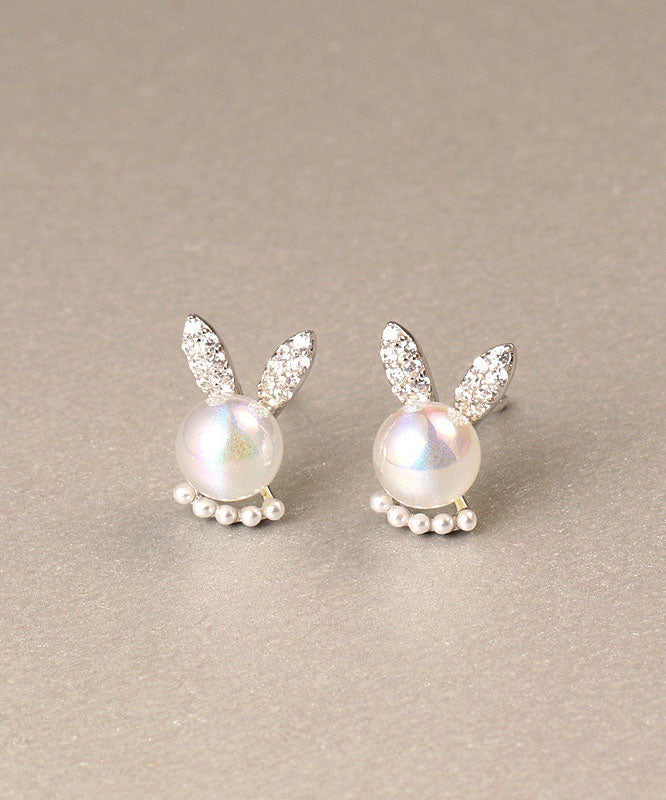 Simple White Rabbit Zircon and Pearl Stud Earrings