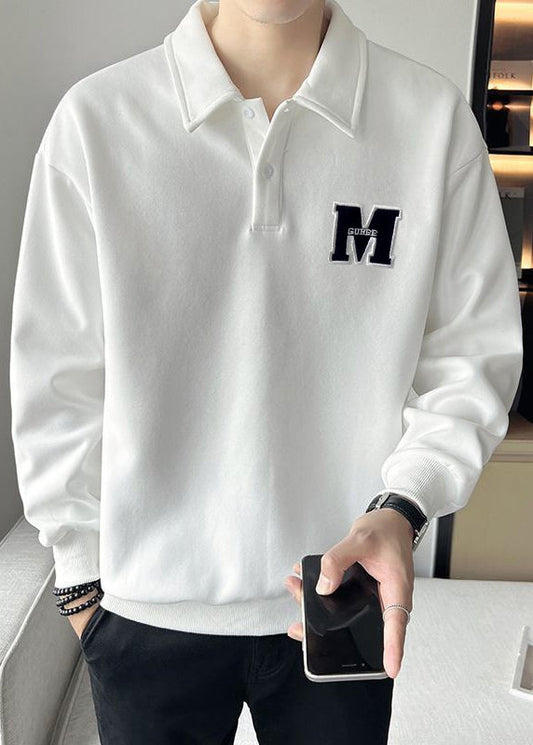 Tc022 Sweatshirt Warm Spring Button Simple White Embroideried Fleece