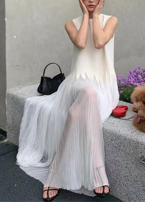 Simple White O Neck Wrinkled Silk Long Dress Sleeveless Zl064