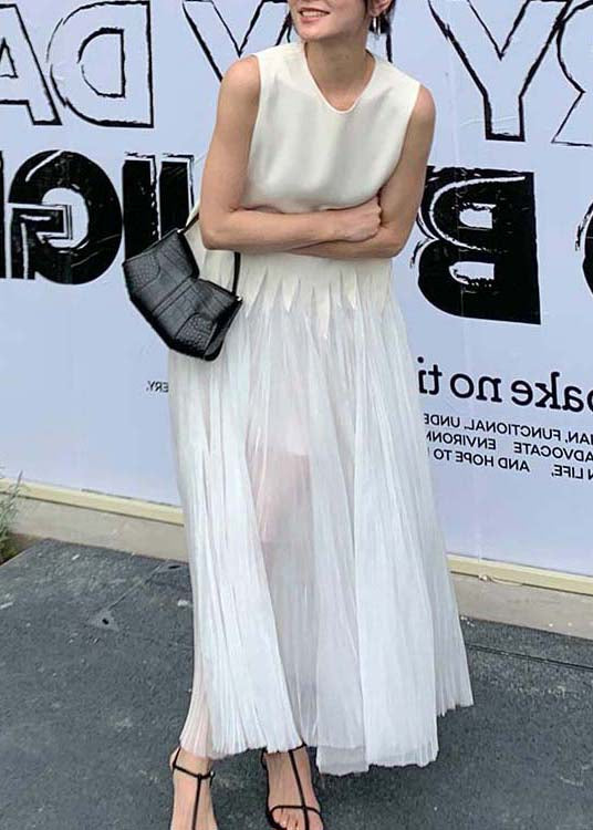 Simple White O Neck Wrinkled Silk Long Dress Sleeveless Zl064