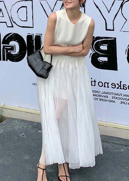 Simple White O Neck Wrinkled Silk Long Dress Sleeveless Zl064