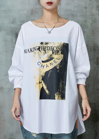 Simple White Oversized Print Cotton Blouses Spring Jk1036