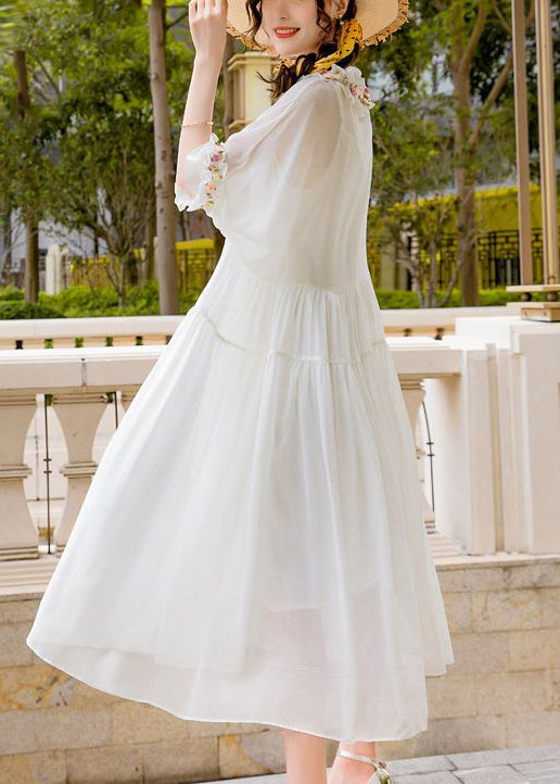 Simple White Ruffled Exra Large Hem Silk Long Dress Ac3045