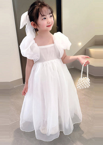 Simple White Square Collar Patchwork Tulle Vacation Long Dresses Summer Xz043