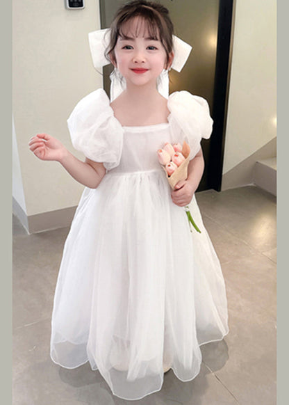 Simple White Square Collar Patchwork Tulle Vacation Long Dresses Summer Xz043