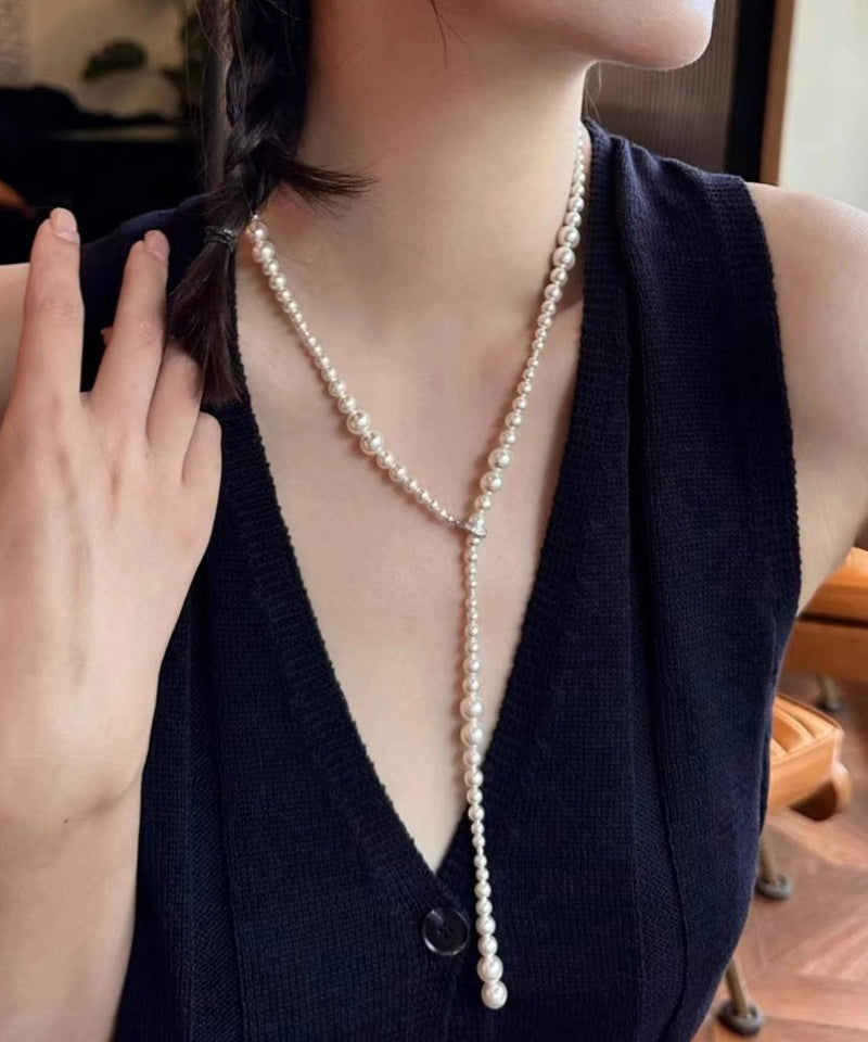 Simple White Stainless Steel Pearl Beading Gratuated Bead Necklace Wq022