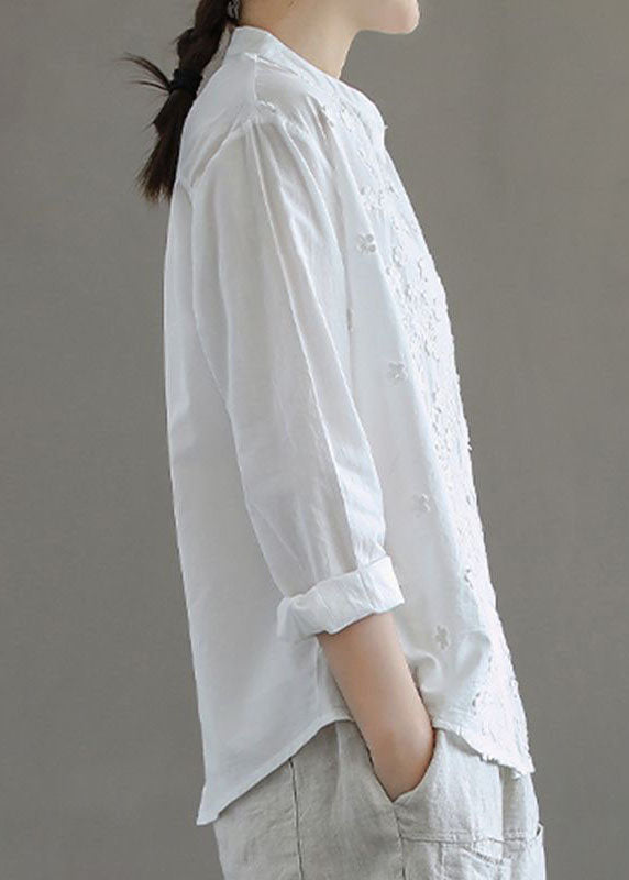 Simple White Stand Collar Embroideried Patchwork Cotton Blouses Long Sleeve Tq1052
