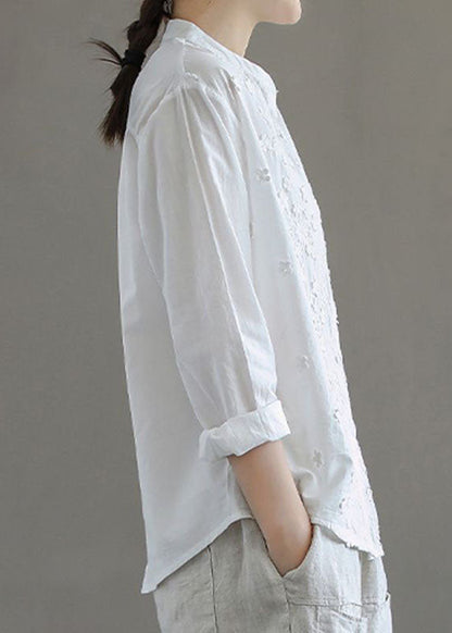 Simple White Stand Collar Embroideried Patchwork Cotton Blouses Long Sleeve Tq1052