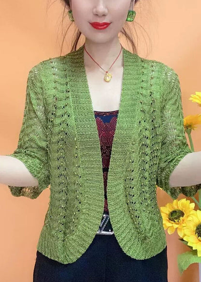 Simple White V Neck Hollow Out Knit Cardigan Bracelet Sleeve As1033