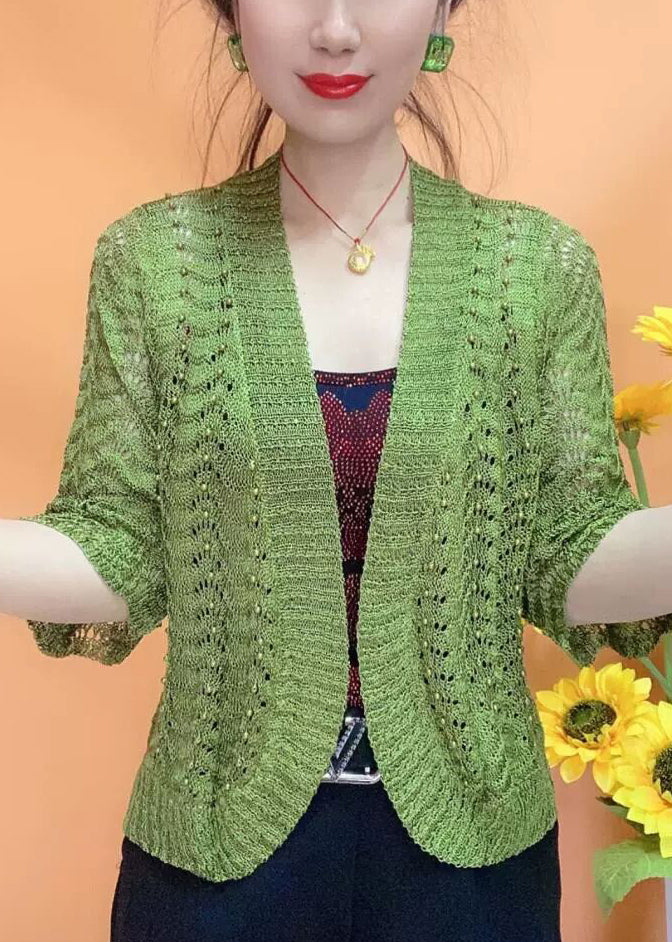 Simple White V Neck Hollow Out Knit Cardigan Bracelet Sleeve As1033