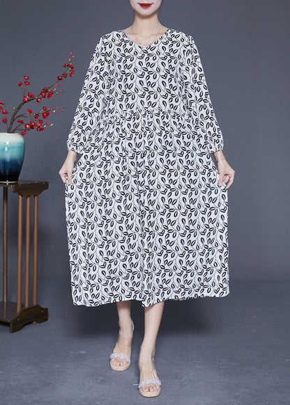 Simple White V Neck Oversized Print Chiffon Long Dresses Spring Ly1849