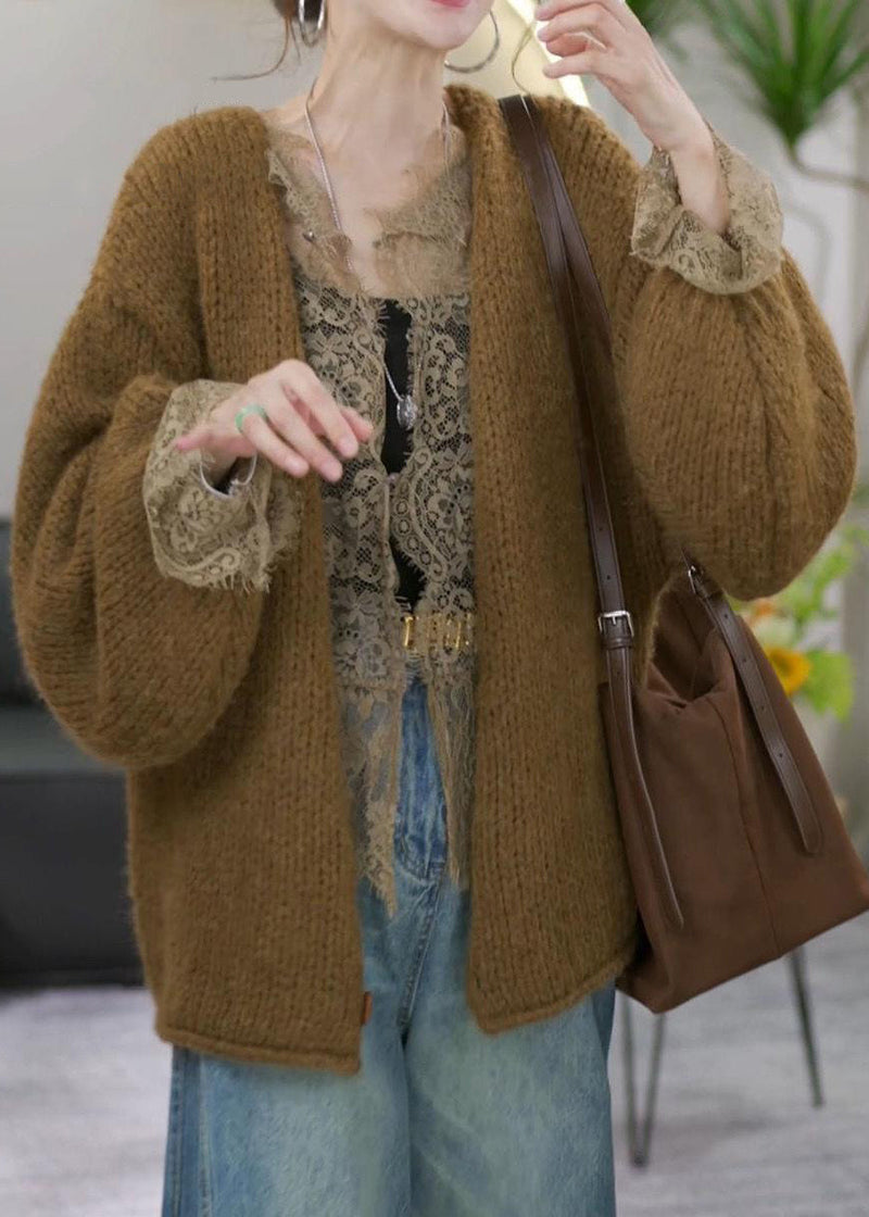 Simple Yellow V Neck Cotton Knit Cardigans Winter Rf017