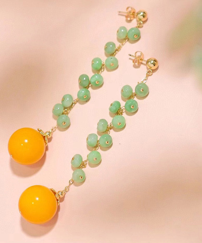 Skinny Green 14k Gold Jade Beeswax Drop Earrings
