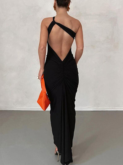Slant-shouldered Backless Slim-fitting Hip Maxi Dress