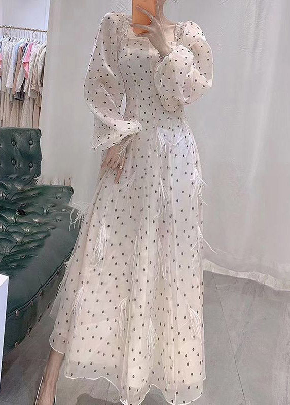 Slim Fit Beige Square Collar Dot Tulle Long Dresses Spring Ti1006