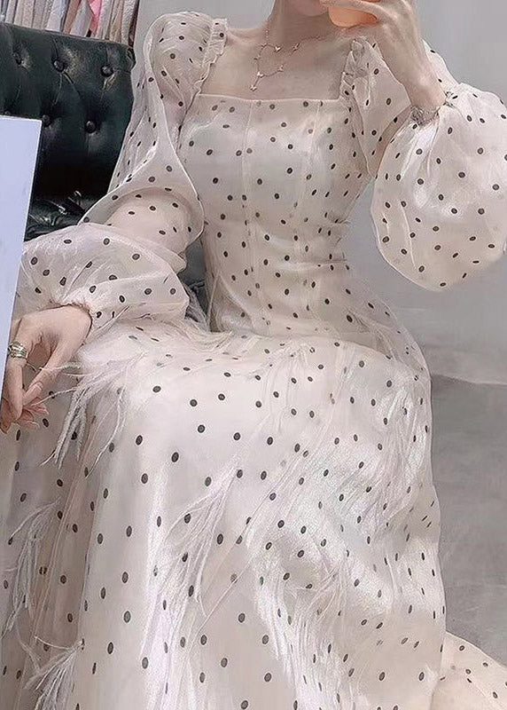 Slim Fit Beige Square Collar Dot Tulle Long Dresses Spring Ti1006