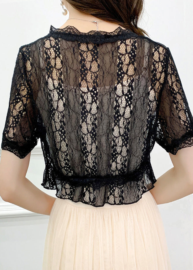 Slim Fit Black Lace Up Hollow Out Lace Cardigans Summer As1031