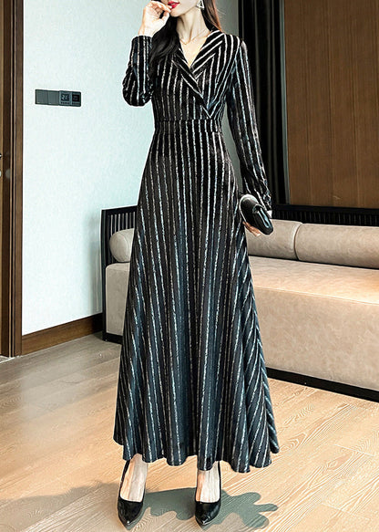 Slim Fit Black Notched Striped Maxi Dresses Long Sleeve Ly1717