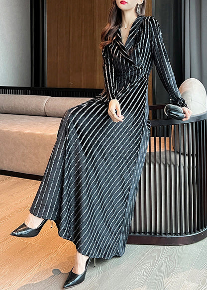 Slim Fit Black Notched Striped Maxi Dresses Long Sleeve Ly1717