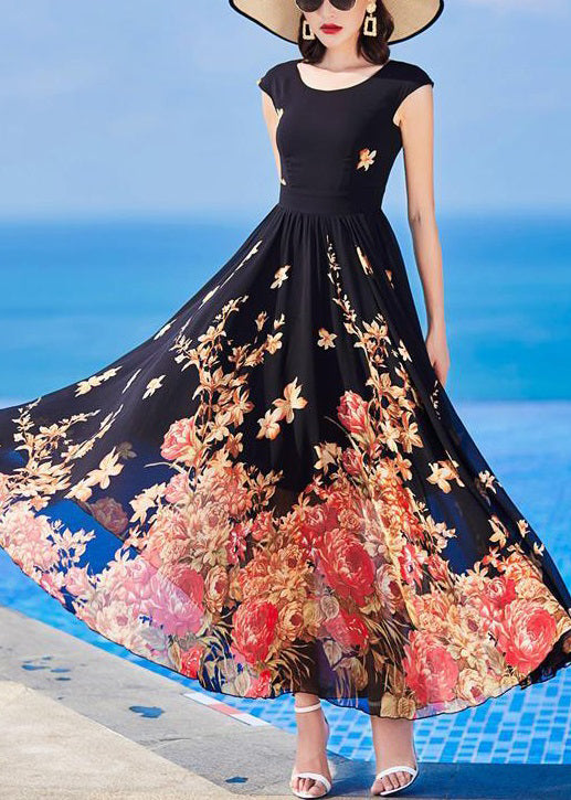 Slim Fit Black O-neck Print Chiffon Long Dresses Summer As1059