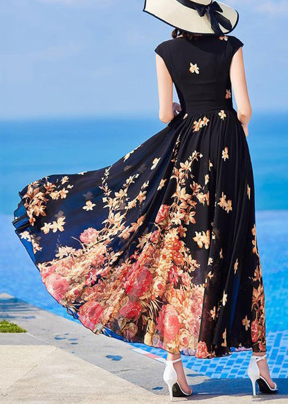 Slim Fit Black O-neck Print Chiffon Long Dresses Summer As1059