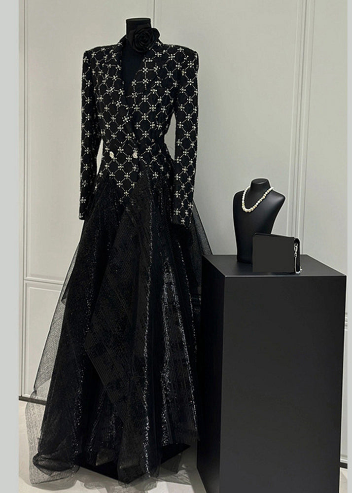 Slim Fit Black Plaid Patchwork Tulle Maxi Dress Fall Wz024