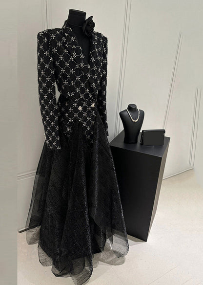 Slim Fit Black Plaid Patchwork Tulle Maxi Dress Fall Wz024