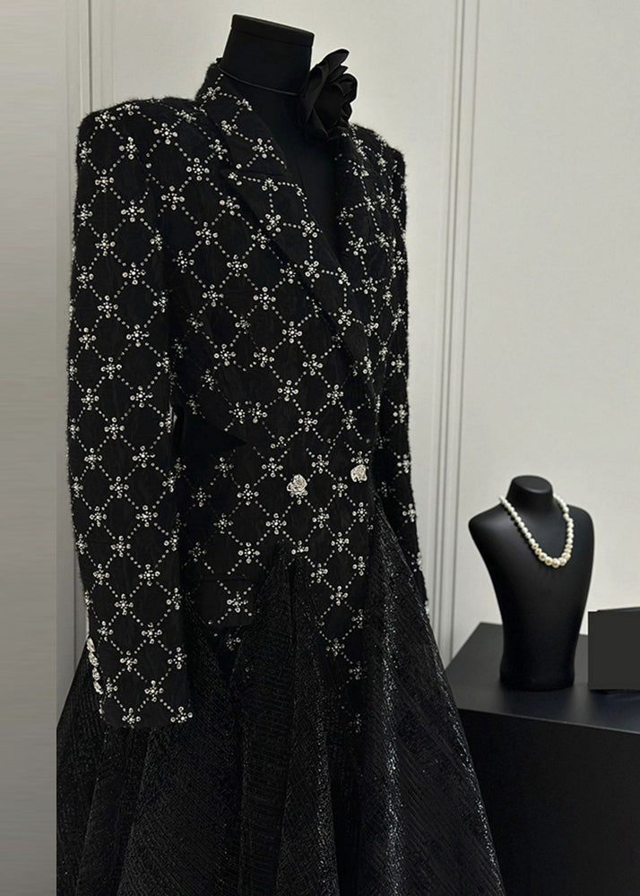Slim Fit Black Plaid Patchwork Tulle Maxi Dress Fall Wz024