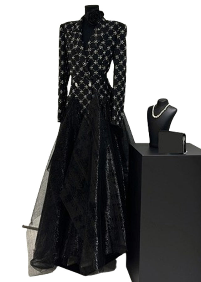 Slim Fit Black Plaid Patchwork Tulle Maxi Dress Fall Wz024