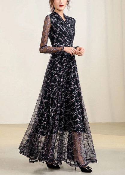 Slim Fit Black V Neck Tulle Patchwork Chiffon Long Dress Spring Ly1732