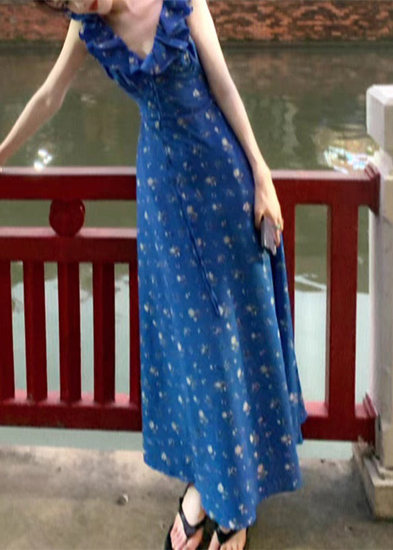 Slim Fit Blue V Neck Ruffled Patchwork Maxi Dress Summer Uu1017