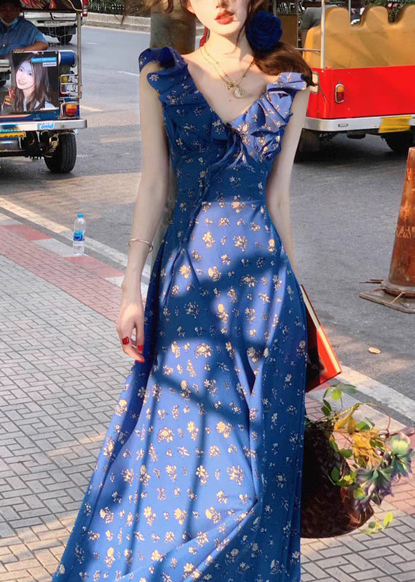 Slim Fit Blue V Neck Ruffled Patchwork Maxi Dress Summer Uu1017