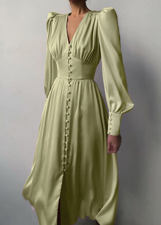 Slim Fit Green V Neck Wrinkled Silk Maxi Dress Puff Sleeve Zl061