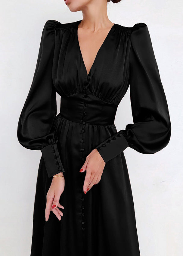 Slim Fit Green V Neck Wrinkled Silk Maxi Dress Puff Sleeve Zl061