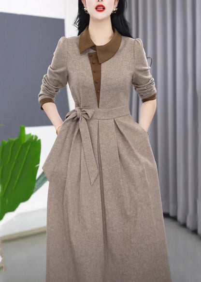 Slim Fit Grey Asymmetrical Tie Waist Maxi Dress Winter Rf034