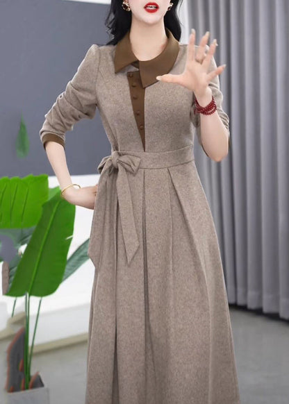Slim Fit Grey Asymmetrical Tie Waist Maxi Dress Winter Rf034