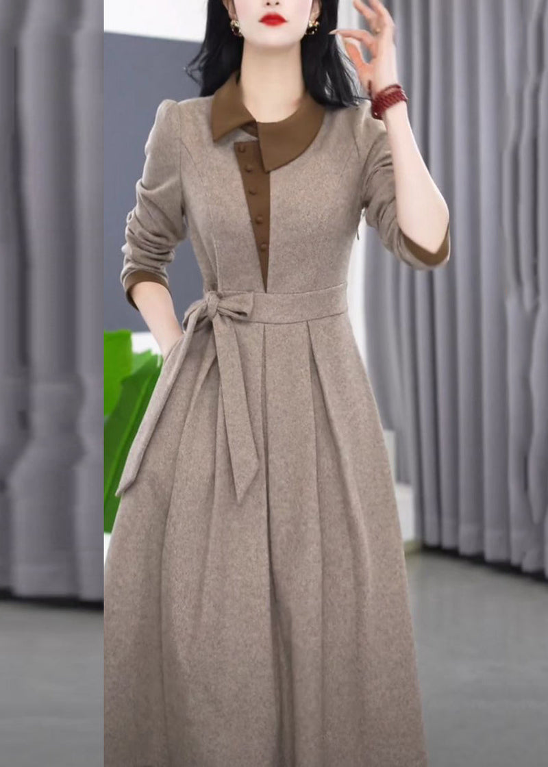 Slim Fit Grey Asymmetrical Tie Waist Maxi Dress Winter Rf034