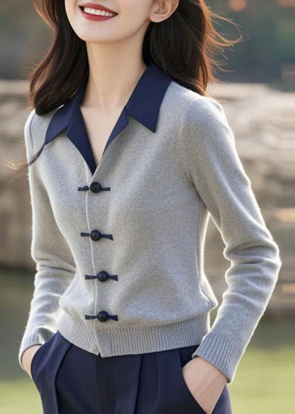 Slim Fit Grey Peter Pan Collar Button Knit Sweater Spring Tf038