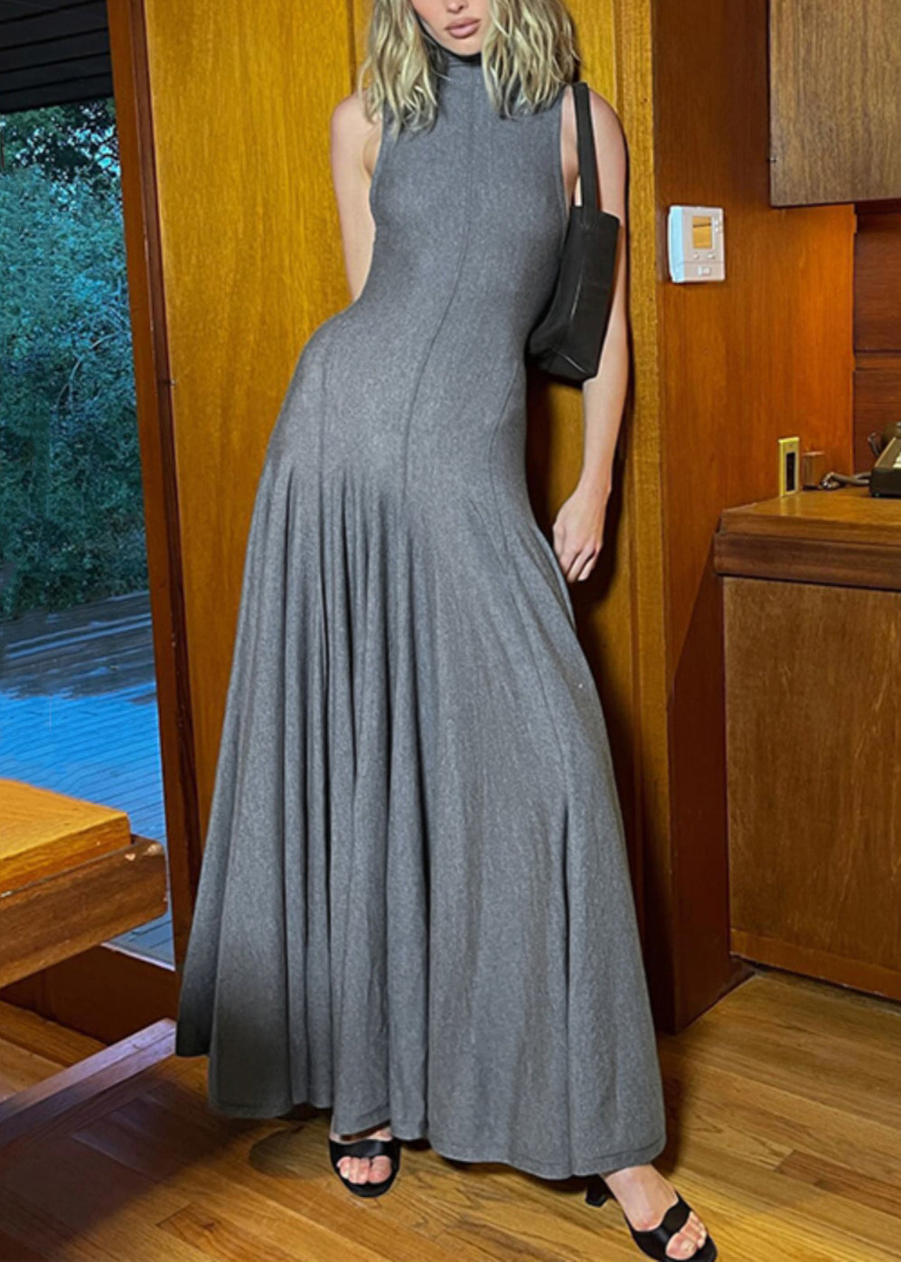 Slim Fit Grey Turtleneck Backless Cotton Long Dress Sleeveless Yz077