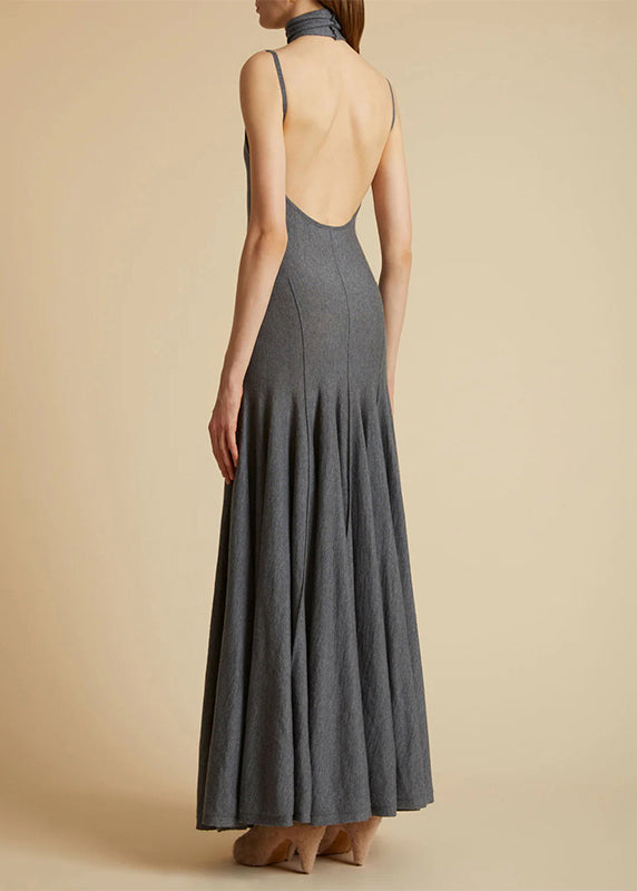 Slim Fit Grey Turtleneck Backless Cotton Long Dress Sleeveless Yz077