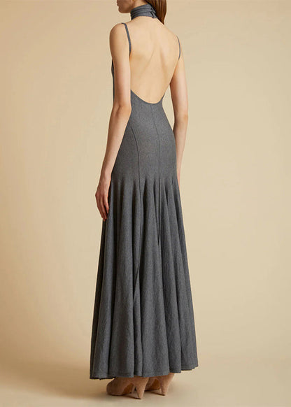Slim Fit Grey Turtleneck Backless Cotton Long Dress Sleeveless Yz077