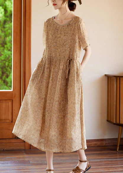 Slim Fit Khaki O-neck Print Silk Long Dresses Summer Ww052