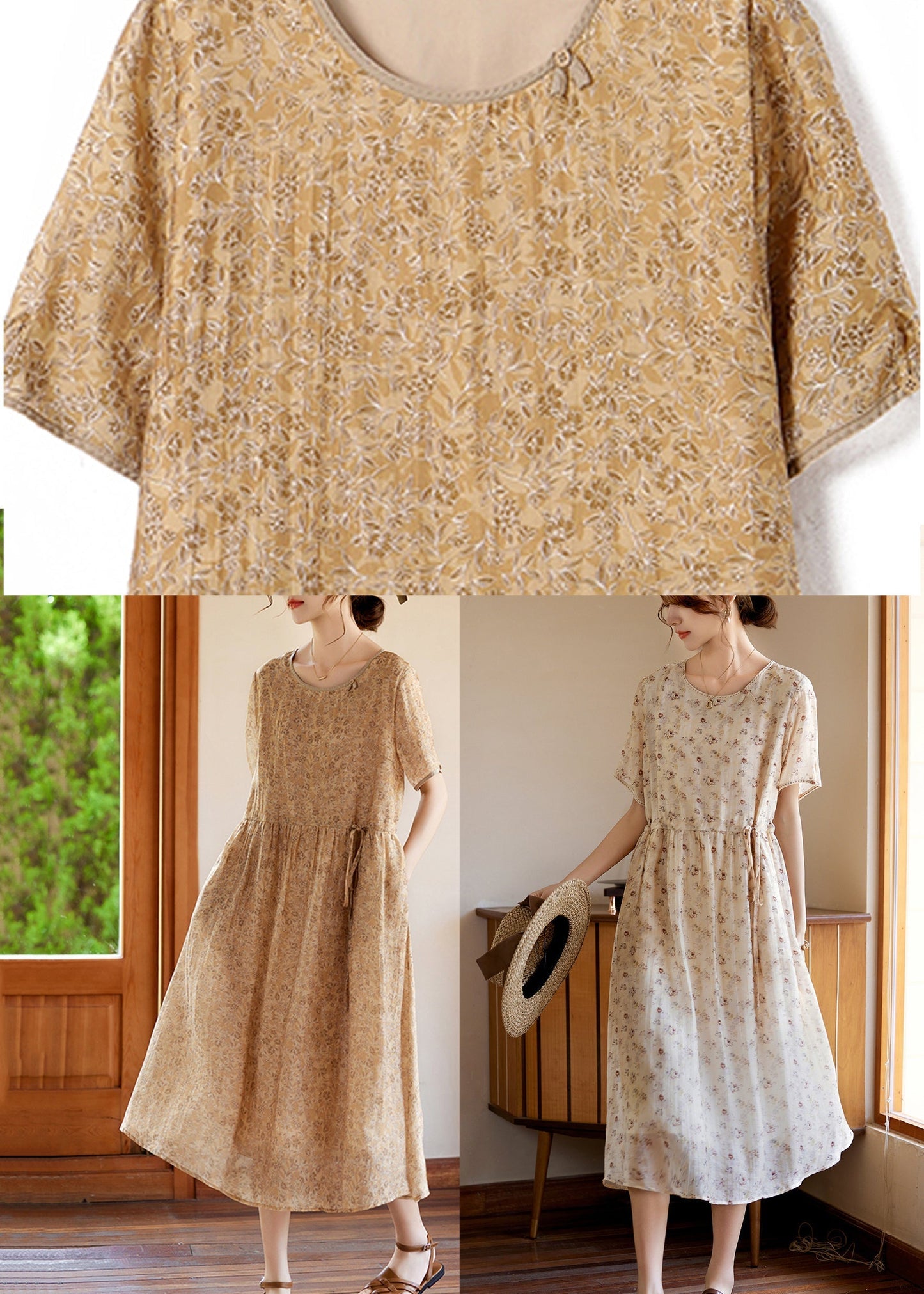 Apricot Tie Waist Silk Vacation Maxi Dresses Short Sleeve Ww053