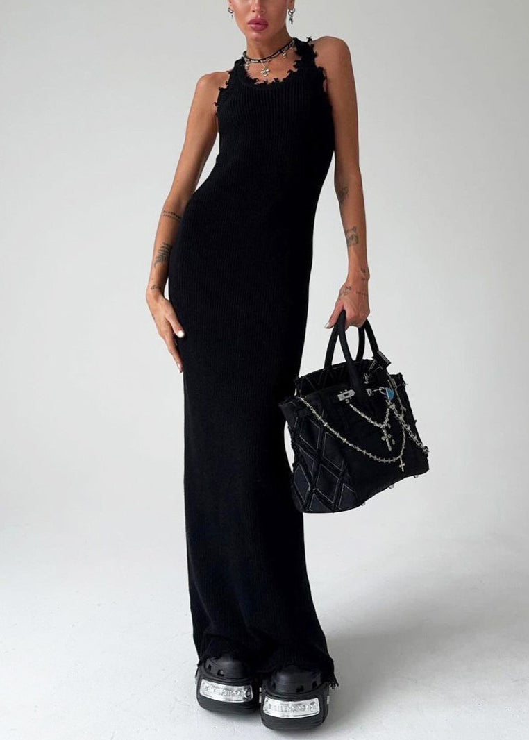 Slim Fit Khaki O Neck Knit Maxi Dresses Sleeveless Bb058