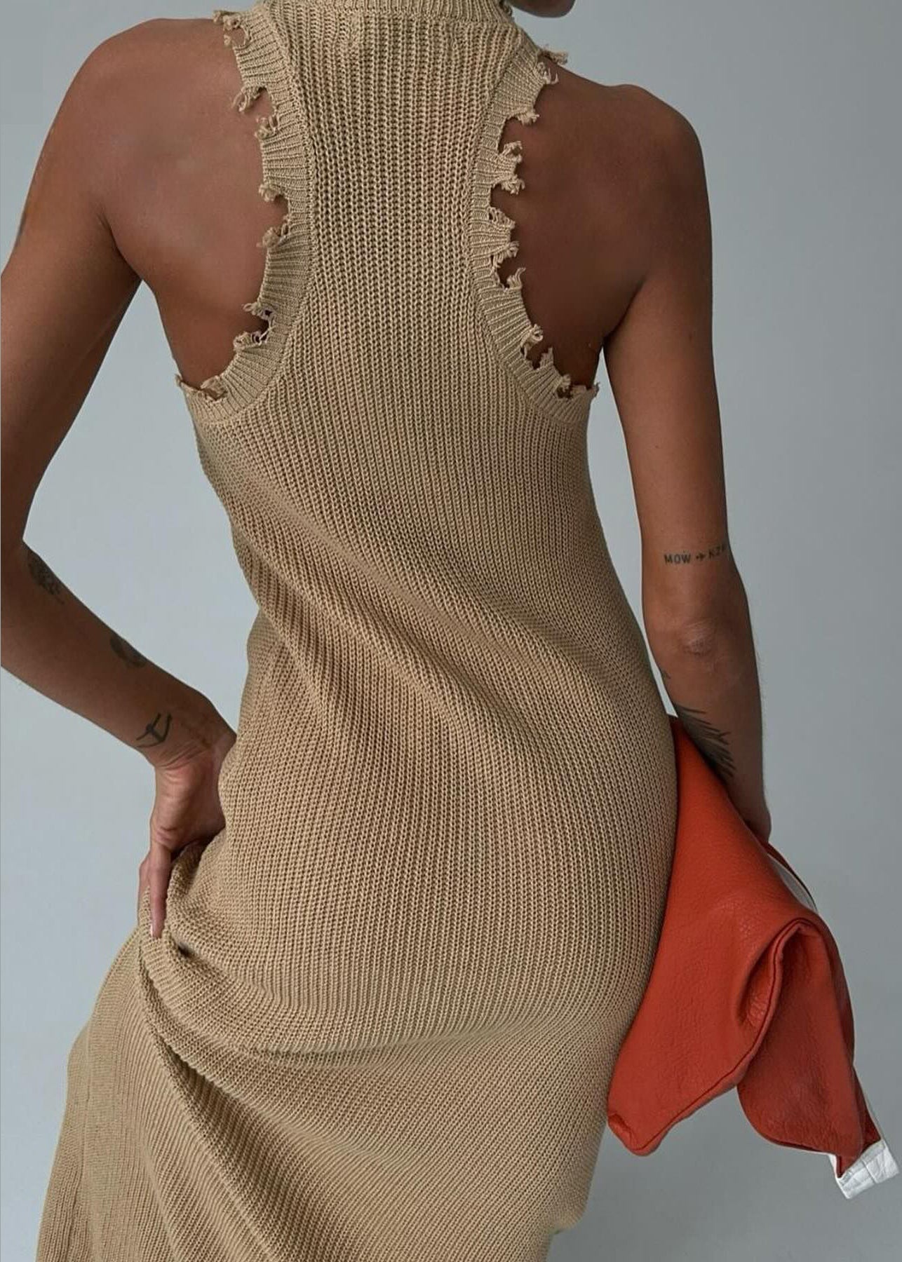 Slim Fit Khaki O Neck Knit Maxi Dresses Sleeveless Bb058