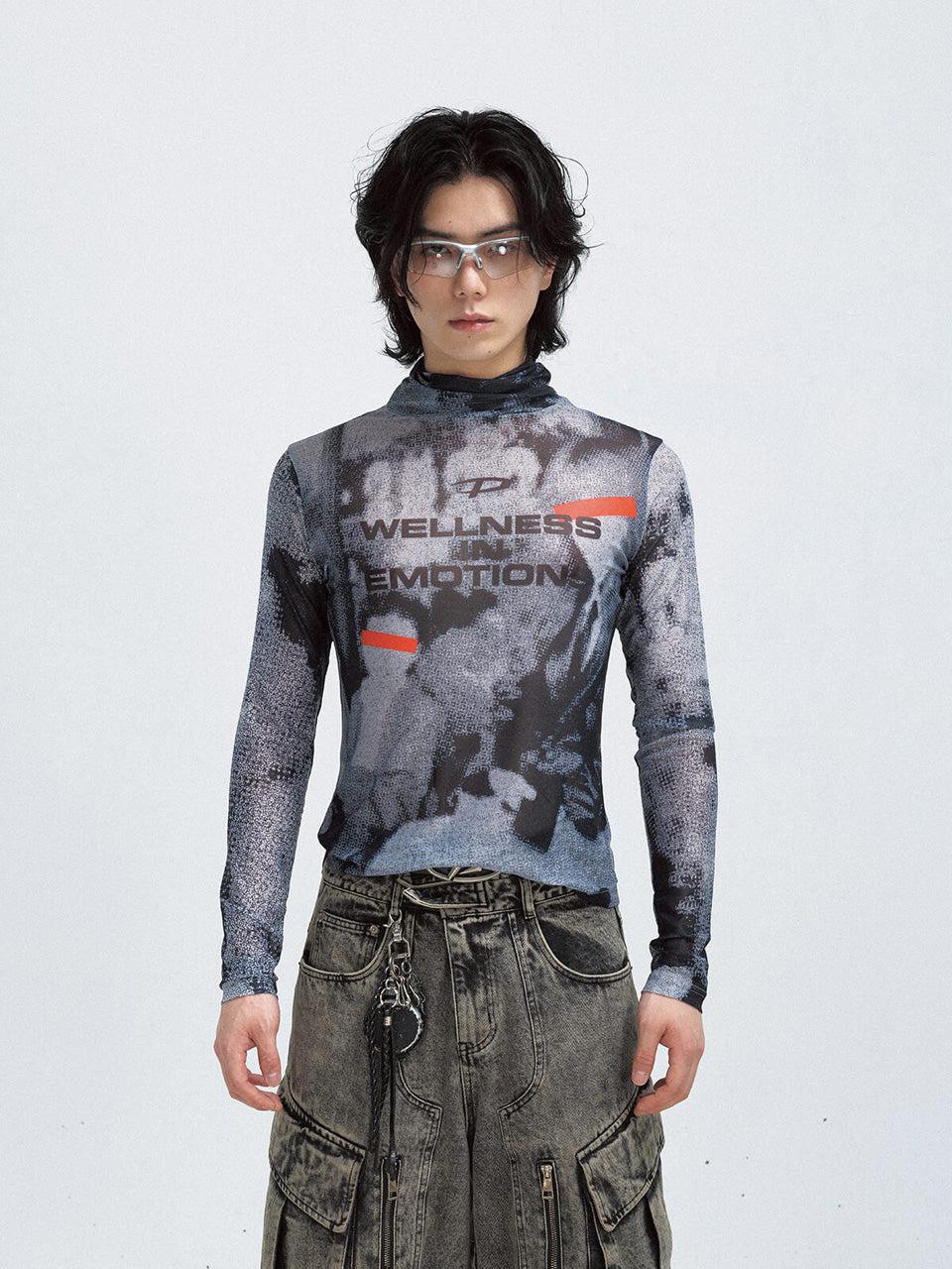 Printed Mesh Turtleneck Futuristic Sweatshirt