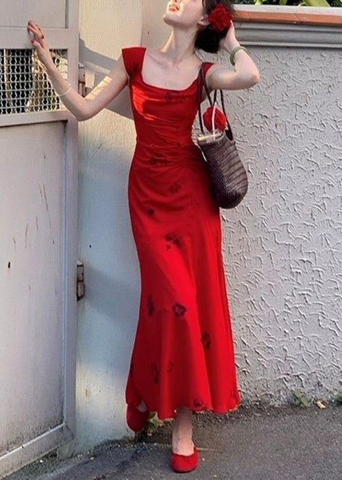 Slim Fit Red Square Collar Print Cotton Long Dress Summer Xx006