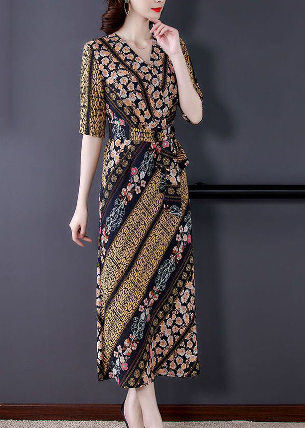 Slim Fit V Neck Cinched Print Chiffon Long Dress Summer Ly1695