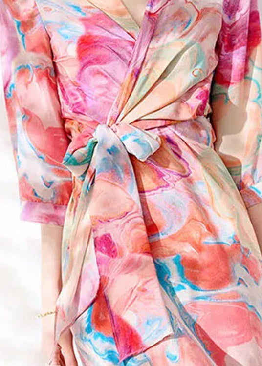 Slim Fit V Neck Print Tie Waist Silk Maxi Dresses Long Sleeve Ly1534